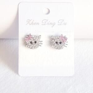 Kitten Cat Kitty Bow Stud Rhinestone Earrings Fashion Silver Tone